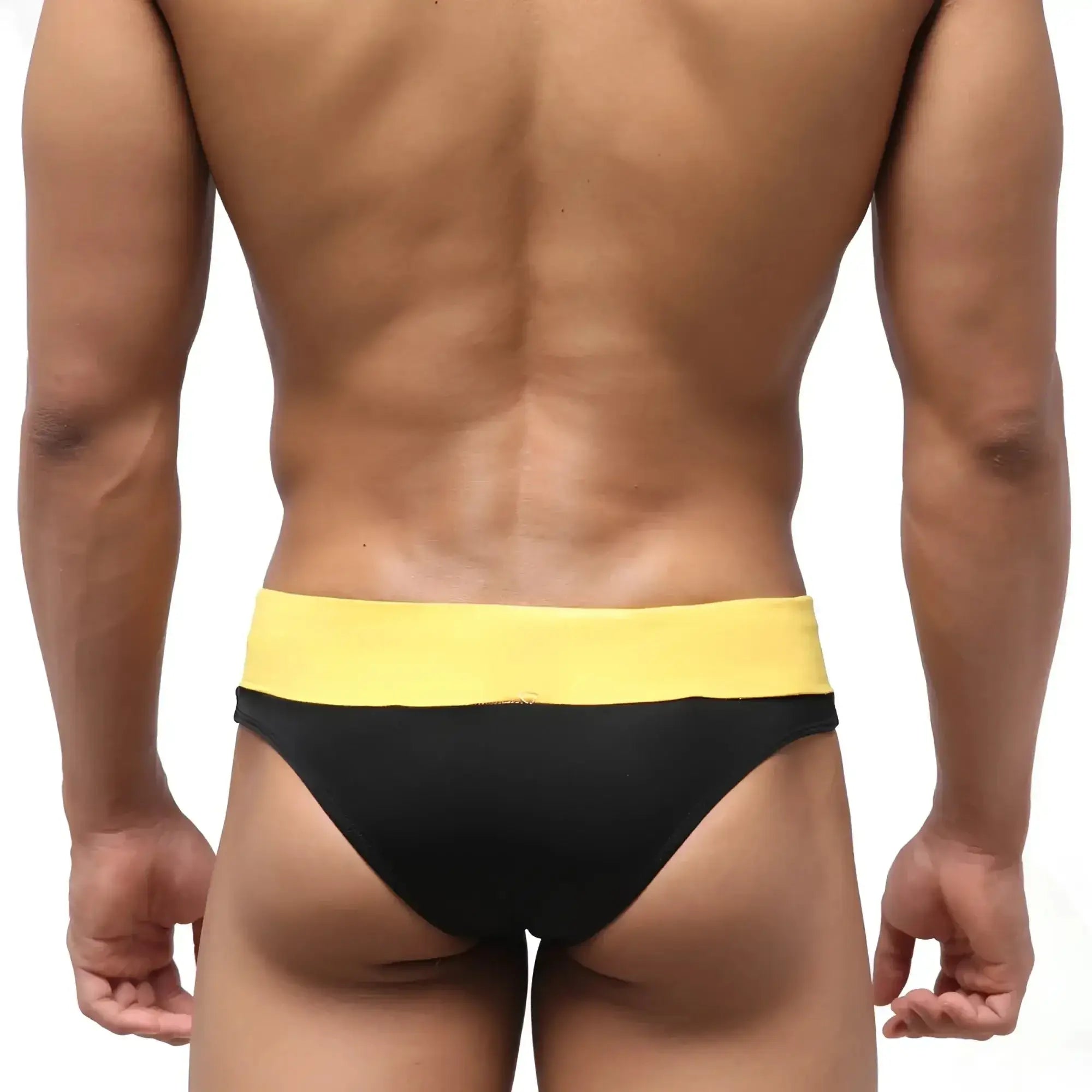 Metro male wear halfback swim bikini black 4915-20 black and yellow swim trunks with wide elastic waistband back view