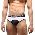 White and navy blue MetroMaleWear athletic briefs with black waistband and logo for comfortable activewear use