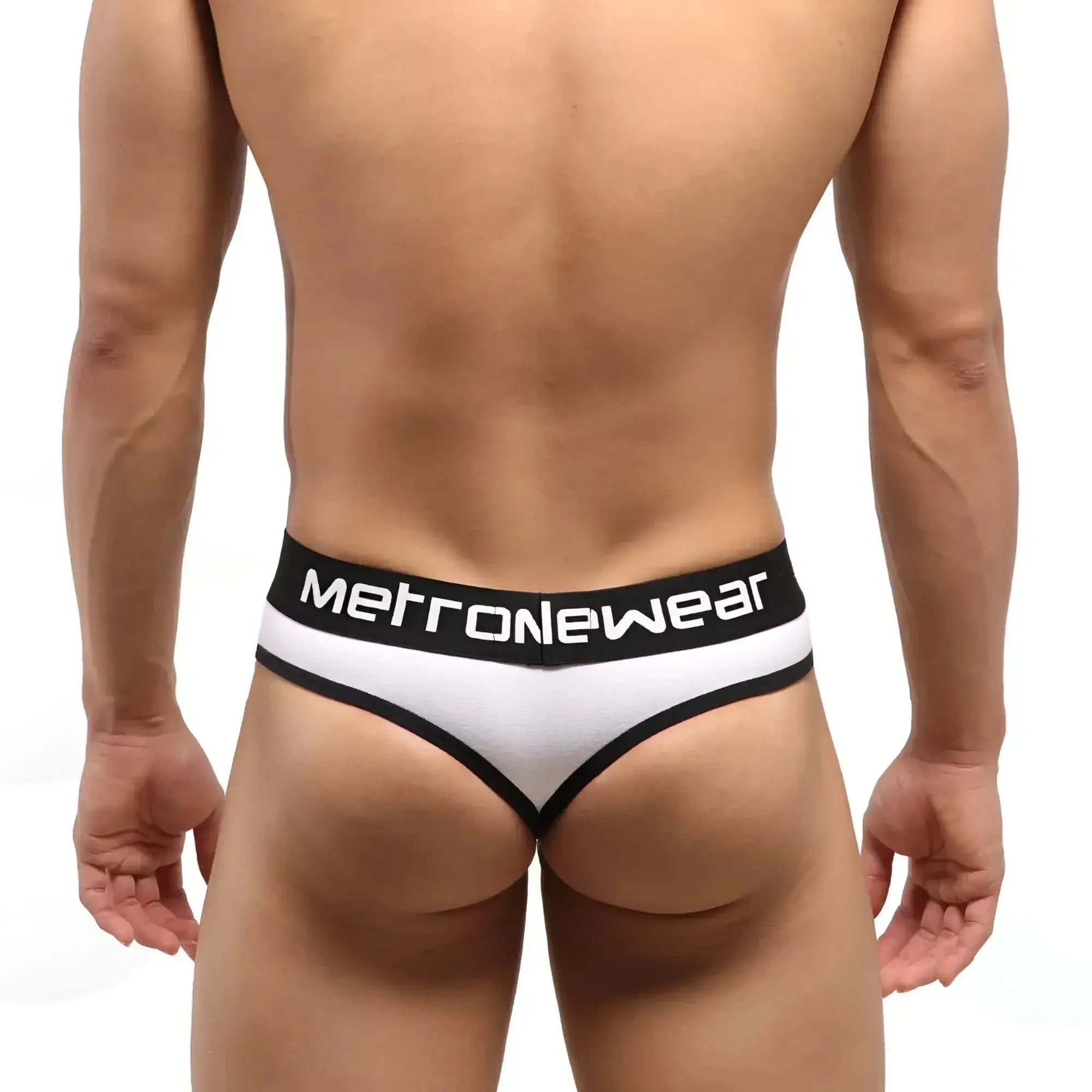 White and black MetroMaleWear hat thong with branded waistband showing front side design