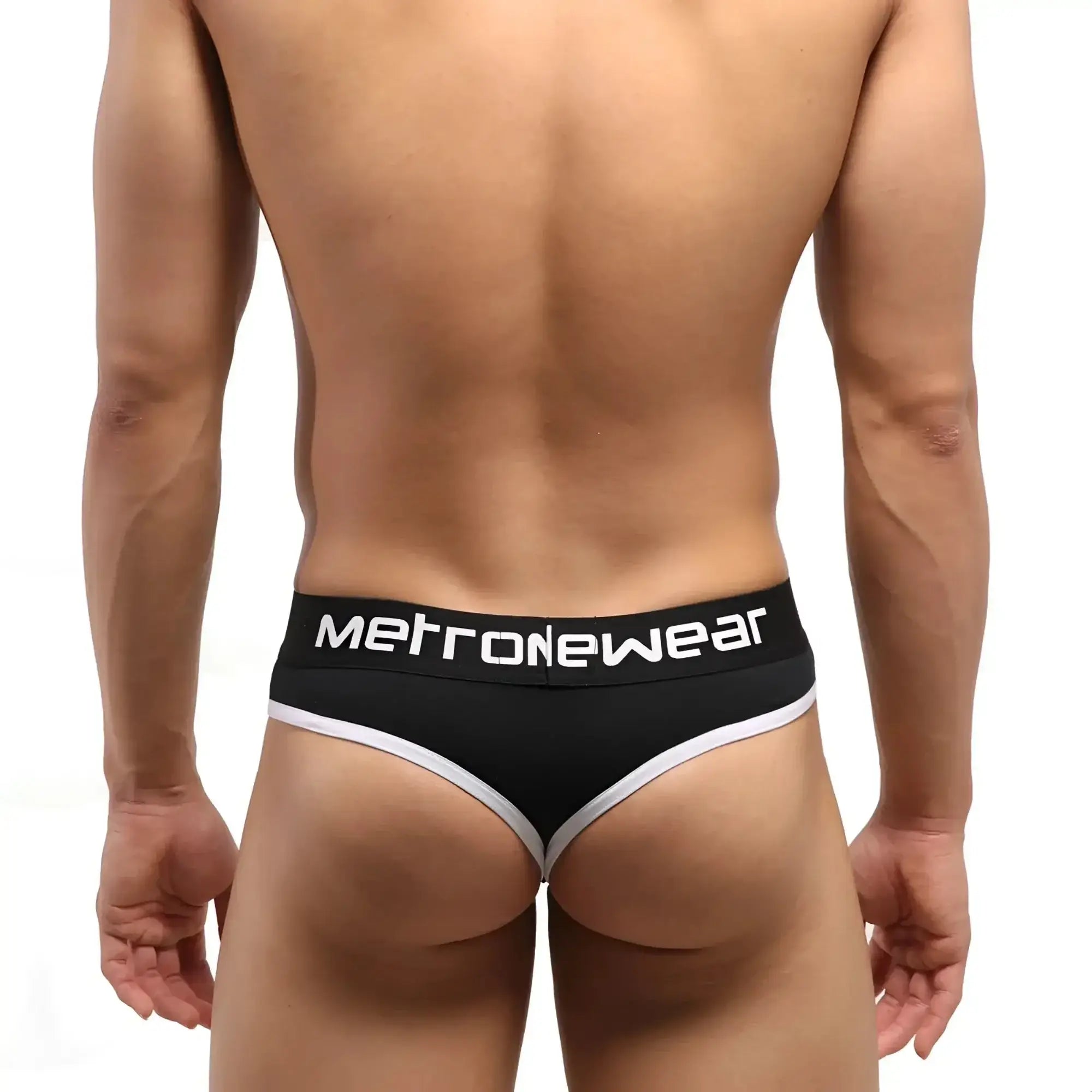 Black metronewear briefs with white trim and branding featuring front view in metro malewear hat thong white 3302-20