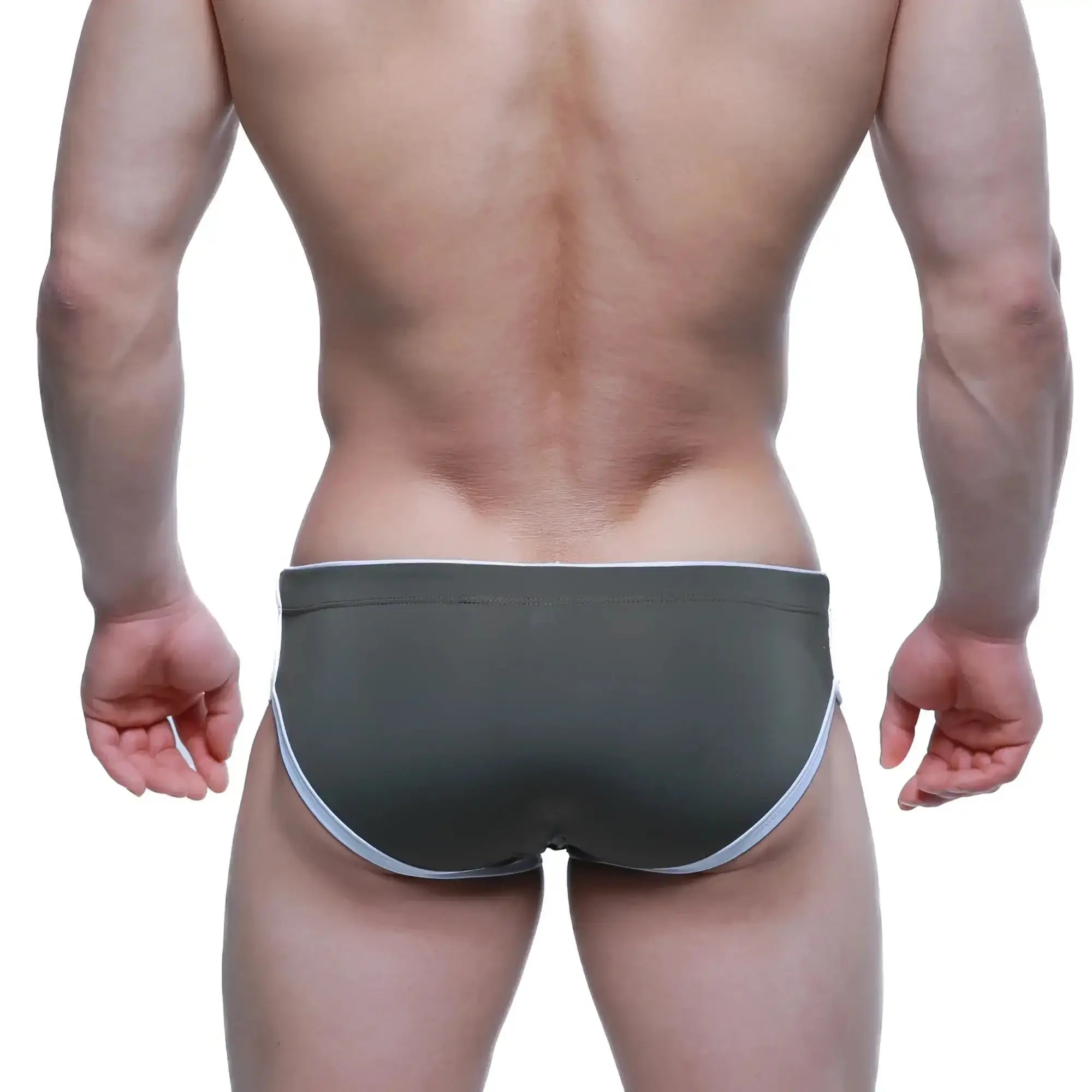 MetroMaleWear Havana short boxer swim trunks in dark olive green with white trim on waistband and leg openings