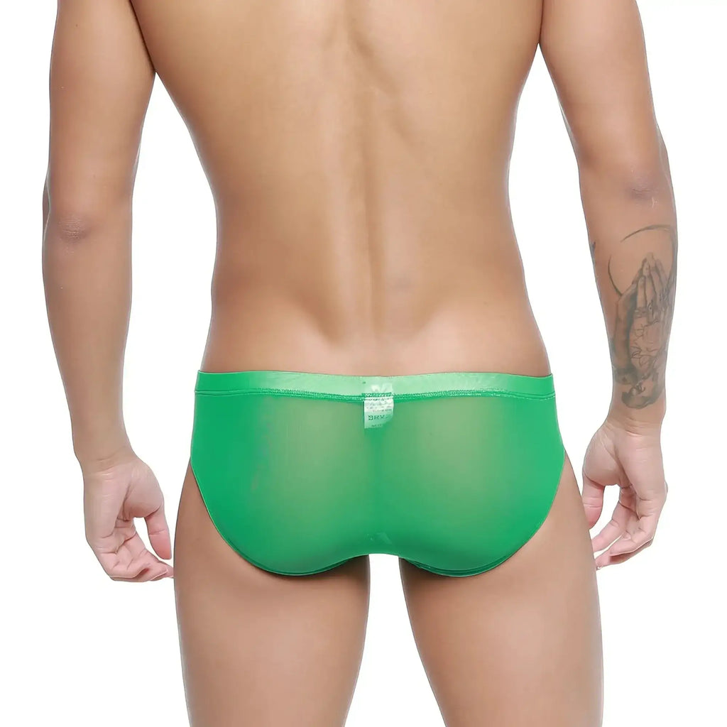 Bright green sheer mesh briefs with solid elastic waistband from metromalewear hierba bikini 5103-m17