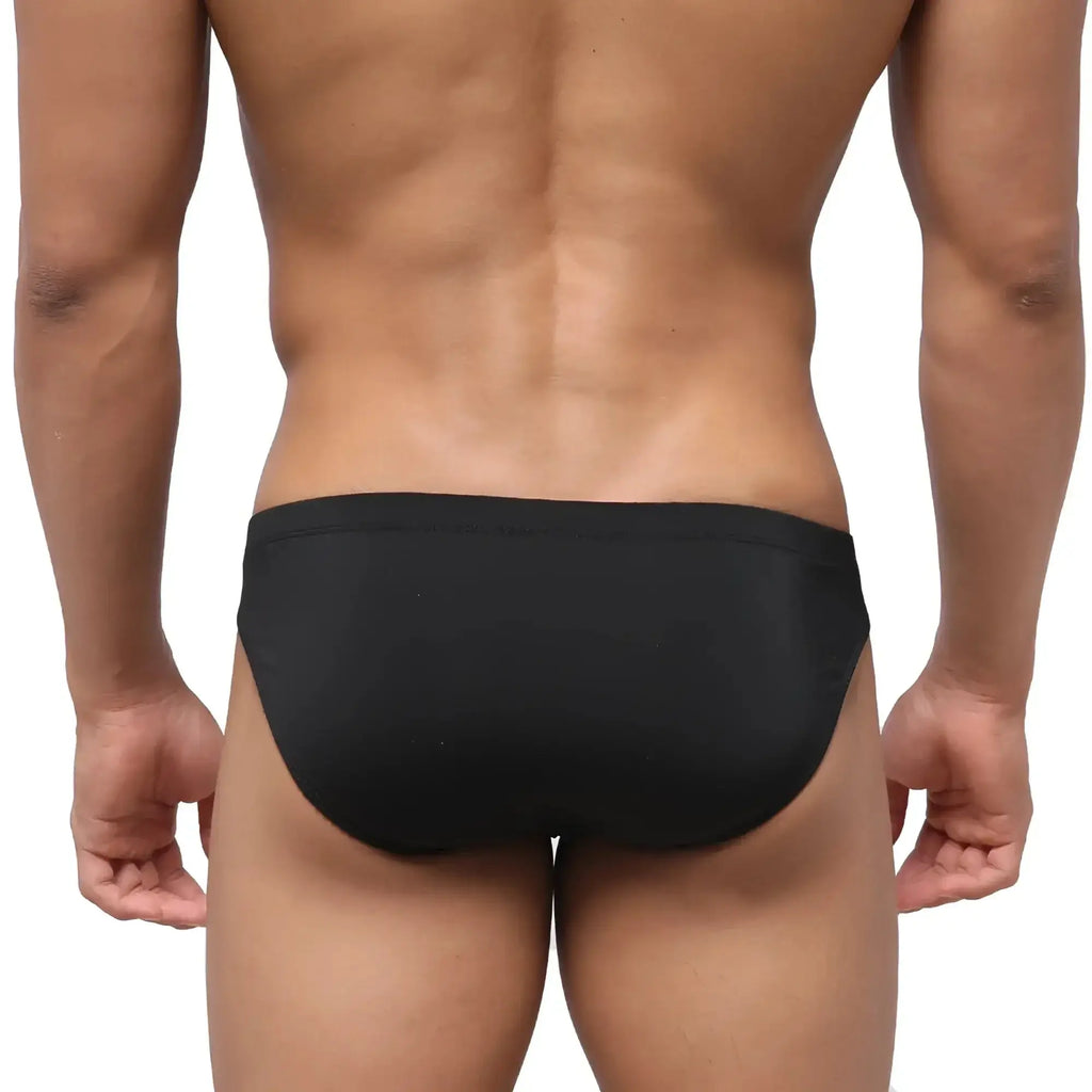 MetroMaleWear highcut hip brief black swim trunks with smooth form-fitting fabric and subtle waistband detail