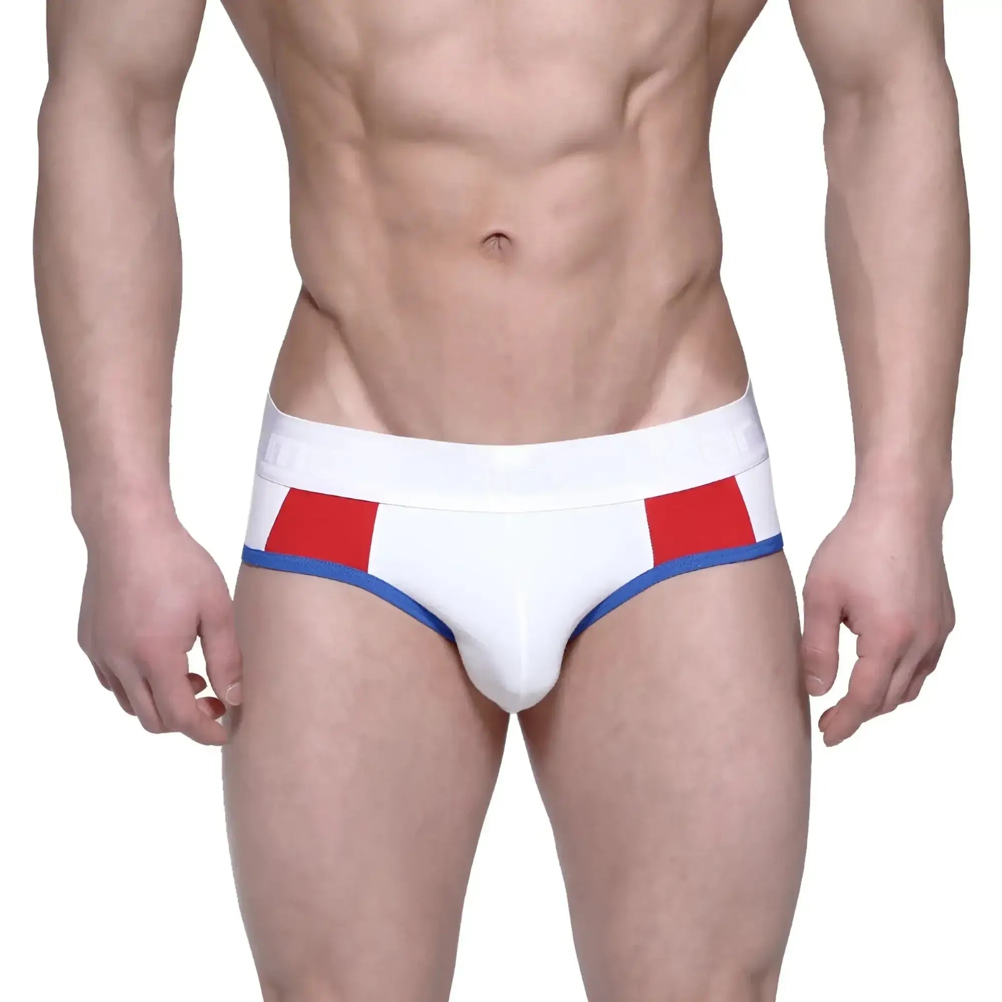 White briefs metro malewear highcut hip brief tiempo 5103-01 with red and blue geometric waistband accents