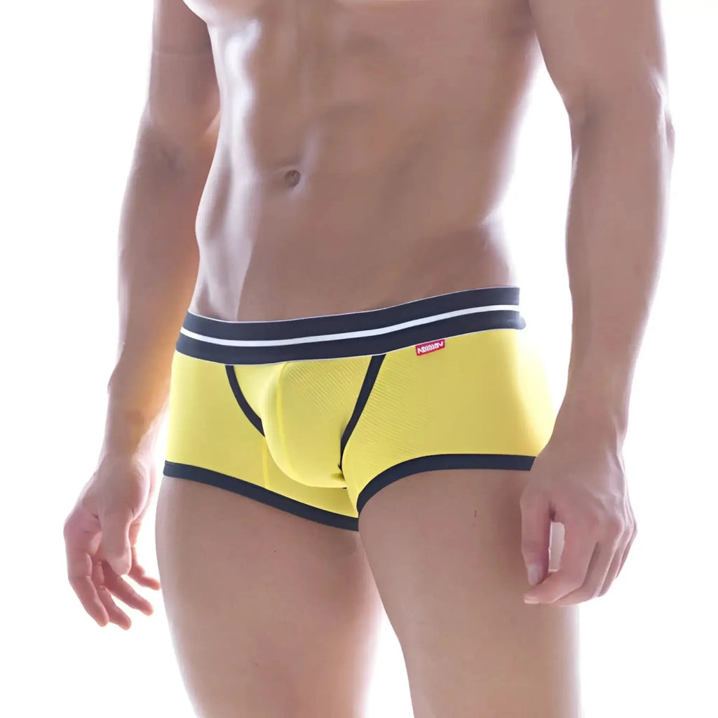 Bright yellow MetroMaleWear Hotties boxer briefs with navy trim white piping and textured mesh fabric