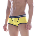 Bright yellow MetroMaleWear Hotties boxer briefs with navy trim white piping and textured mesh fabric