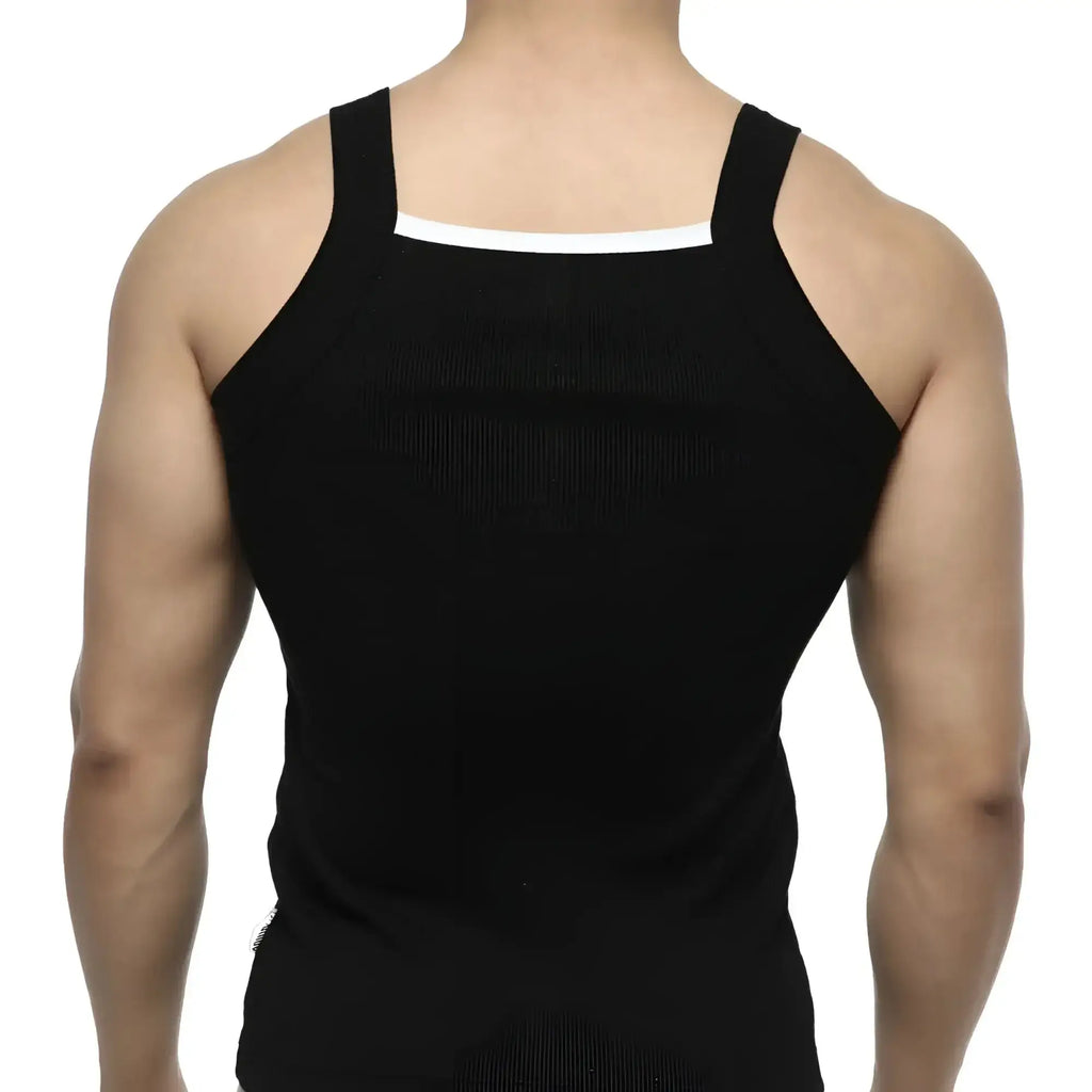 MetroMaleWear hummer tank top black with white trim along the neckline in a lightweight cotton fabric