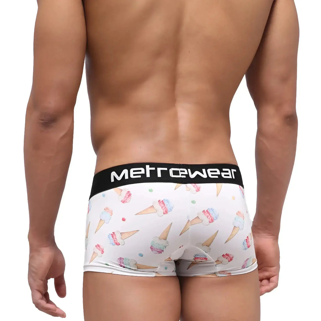 White mens briefs with playful ice cream cone pattern pastel swirls sprinkles and black metrowear waistband metroMalewear