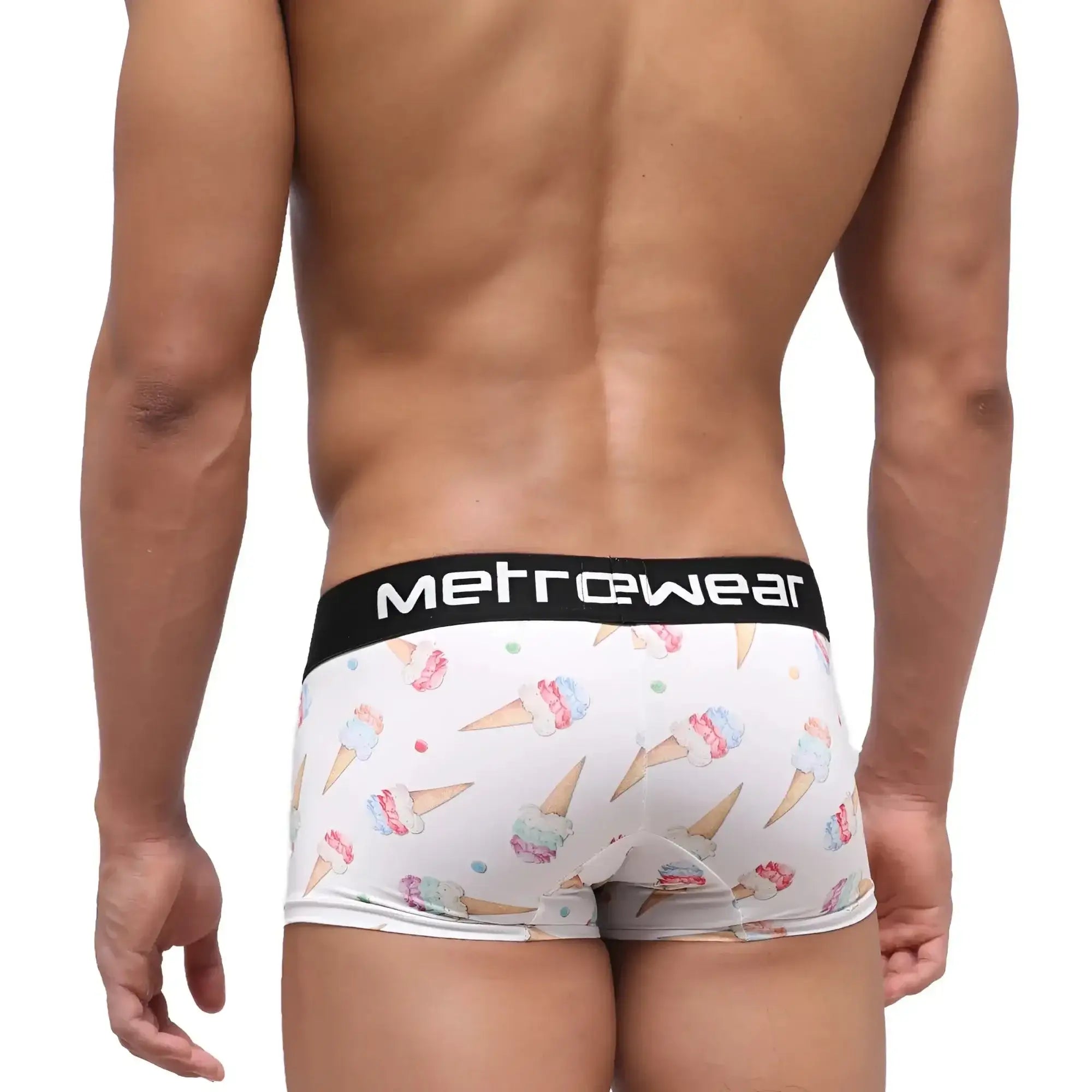 White mens briefs with playful ice cream cone pattern pastel swirls sprinkles and black metrowear waistband metroMalewear