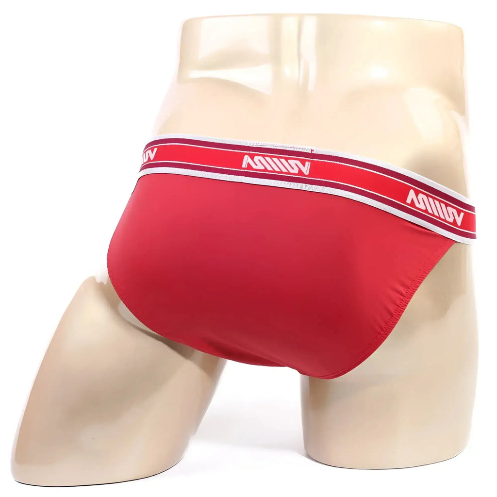 Red men’s briefs metro malewear inferno bikini 3608-12 with white and red striped aomiv waistband