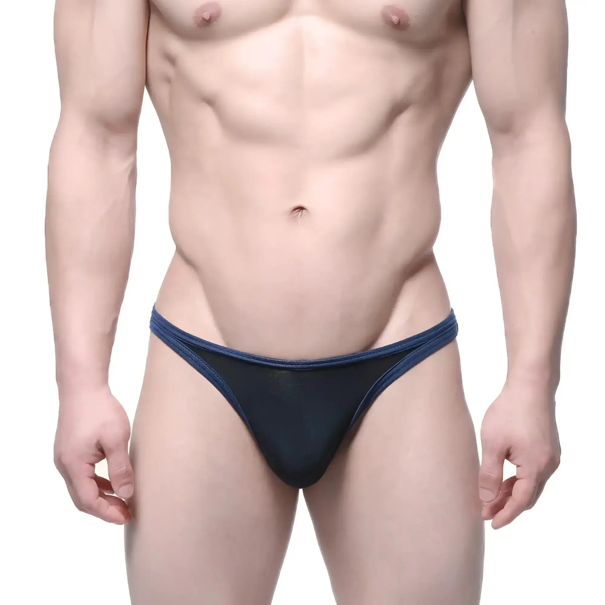 NavymaleWear infinito bikini black 6017-20 navy blue mesh thong with solid navy trim showing front view