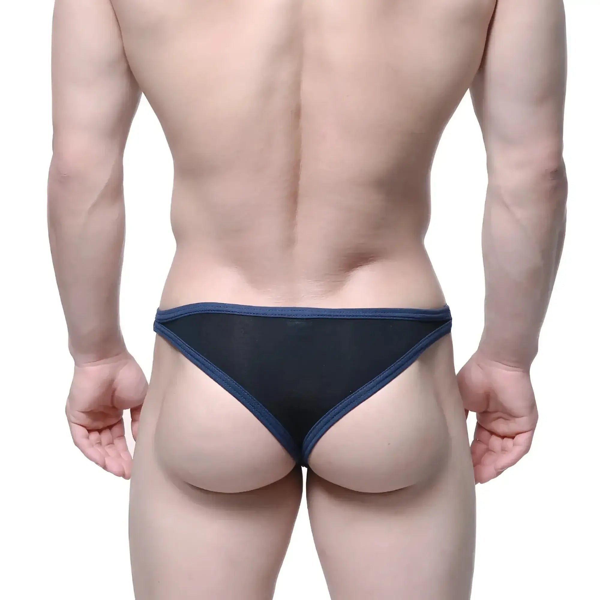 Black mesh briefs with navy blue trim from metromalewear infinito bikini black 6017-20 with breathable fabric