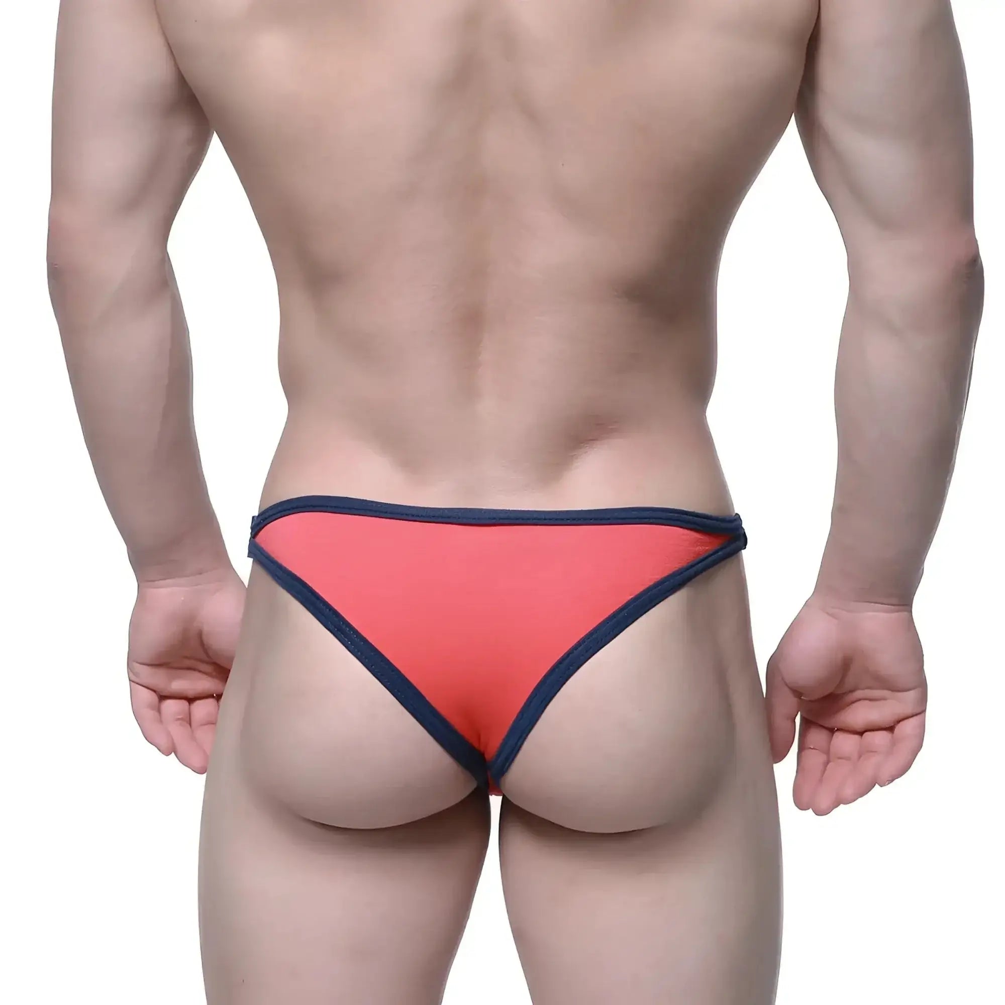 Coral-colored briefs with navy blue trim from metromalewear infinto bikini 6017-14 designed for comfort and style