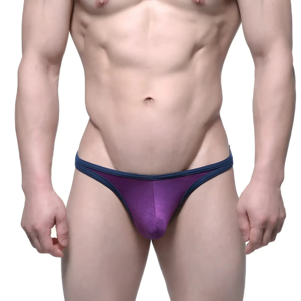 Purple and navy blue mesh thong with sleek form-fitting design by metromalewear infinito bikini grape 6017-19