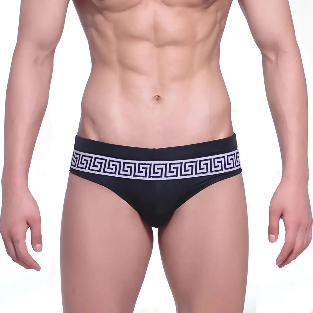 MetroMaleWear intenso swim brief black with bold white Greek key pattern waistband designed for swimming and beachwear