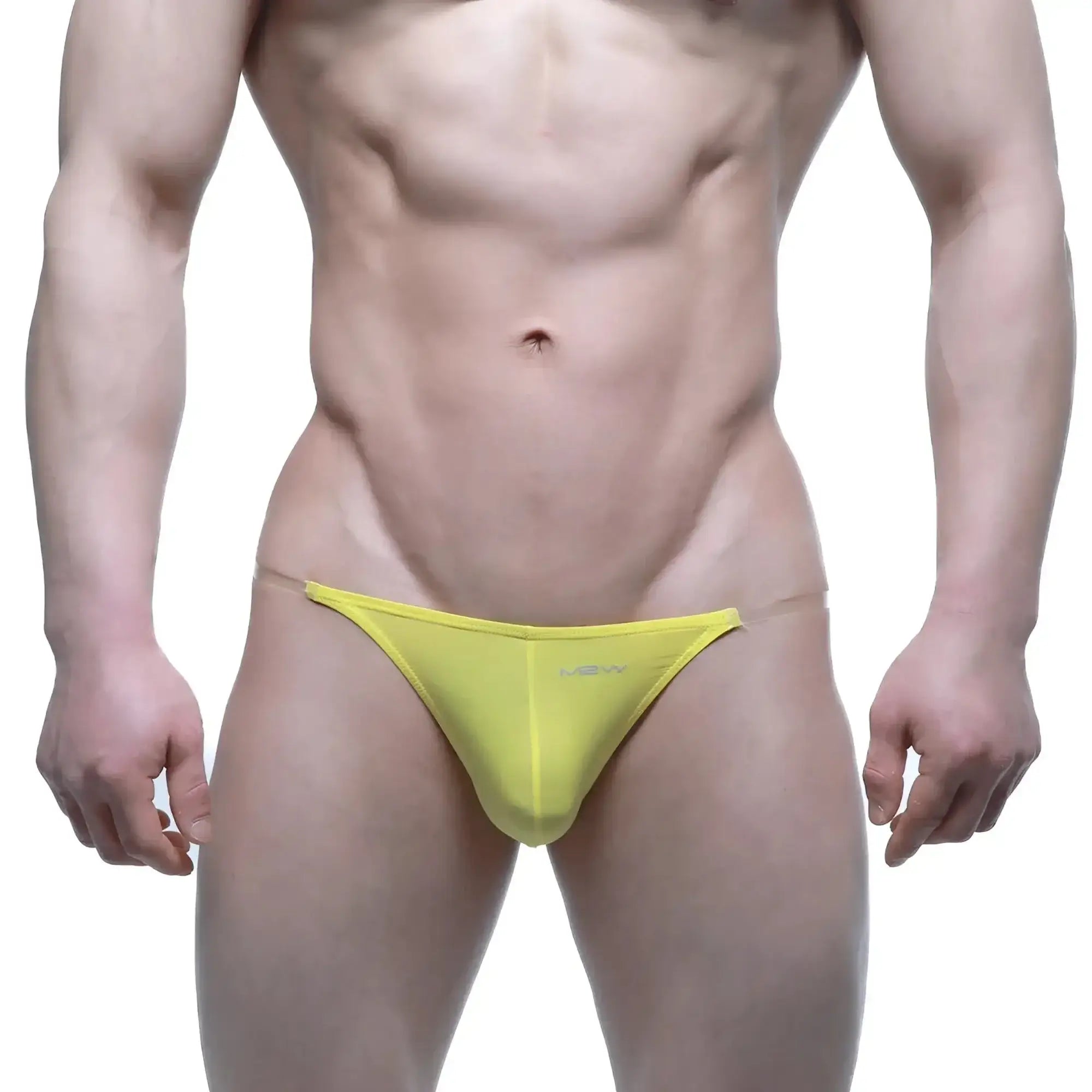 Bright yellow form-fitting thong with subtle new logo front metroMalewear invisible bikini 3704-15