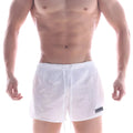 MetroMaleWear iron sports short white 4703-00 lightweight mesh swim trunks with drawstring waistband and black logo patch