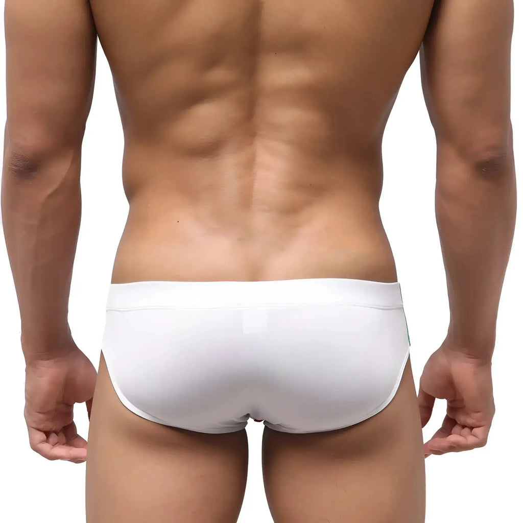 White form-fitting seamless swim trunks from MetroMaleWear Italian Swim Bikini 4922-07 designed for beachwear
