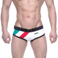 White swim trunks with black trim and diagonal green white and red stripes metroMalewear italy flag swim briefs 4960-40