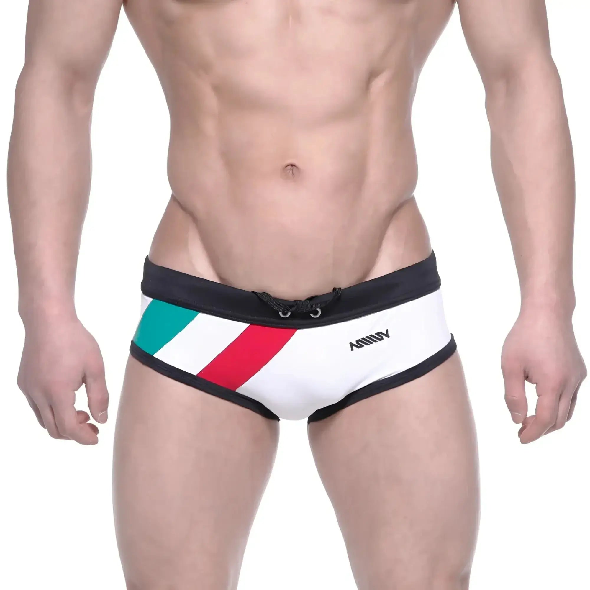White swim trunks with black trim and diagonal green white and red stripes metroMalewear italy flag swim briefs 4960-40