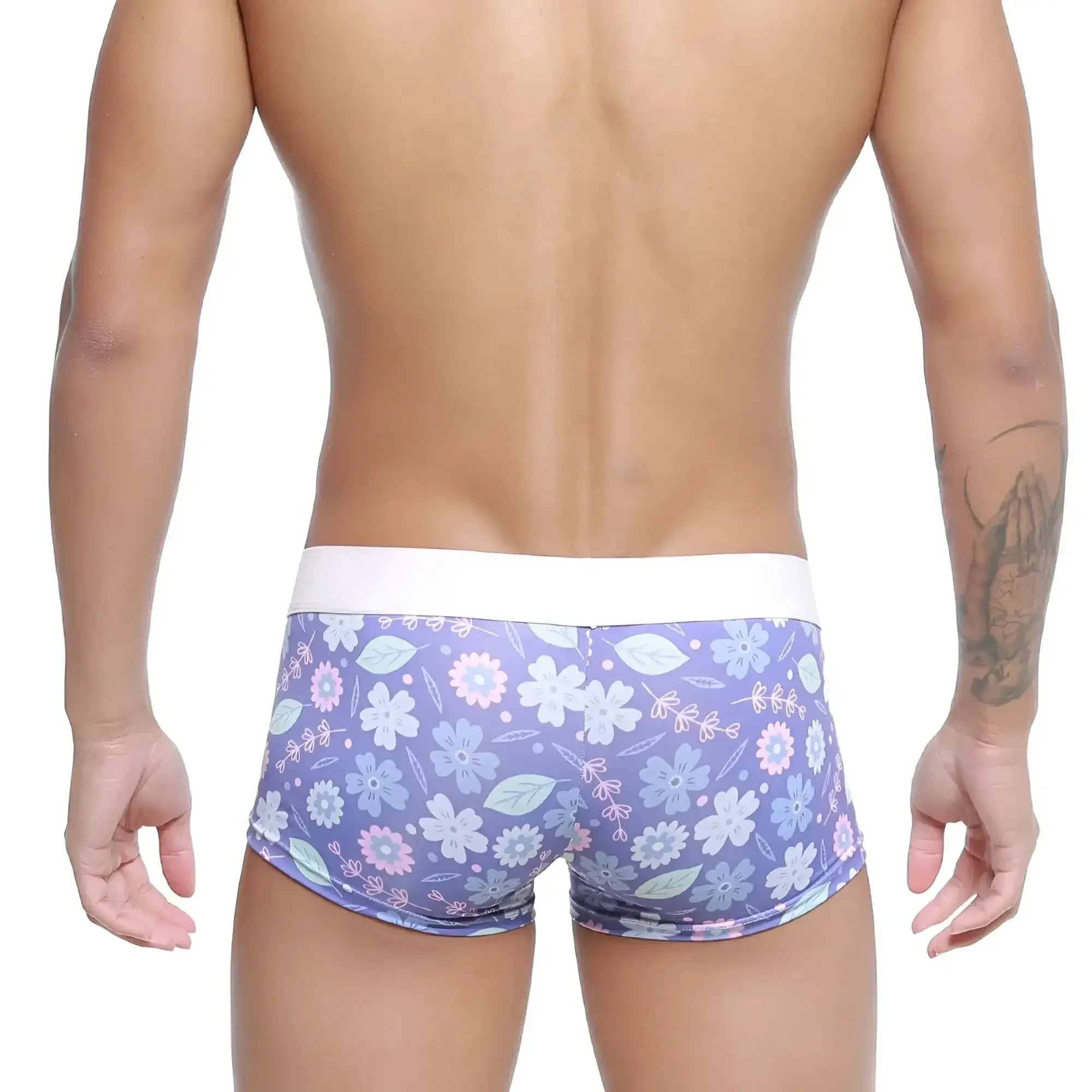 Purple floral-patterned men’s briefs with white waistband metroMalewear Jardin Trunk 2026-15 front view