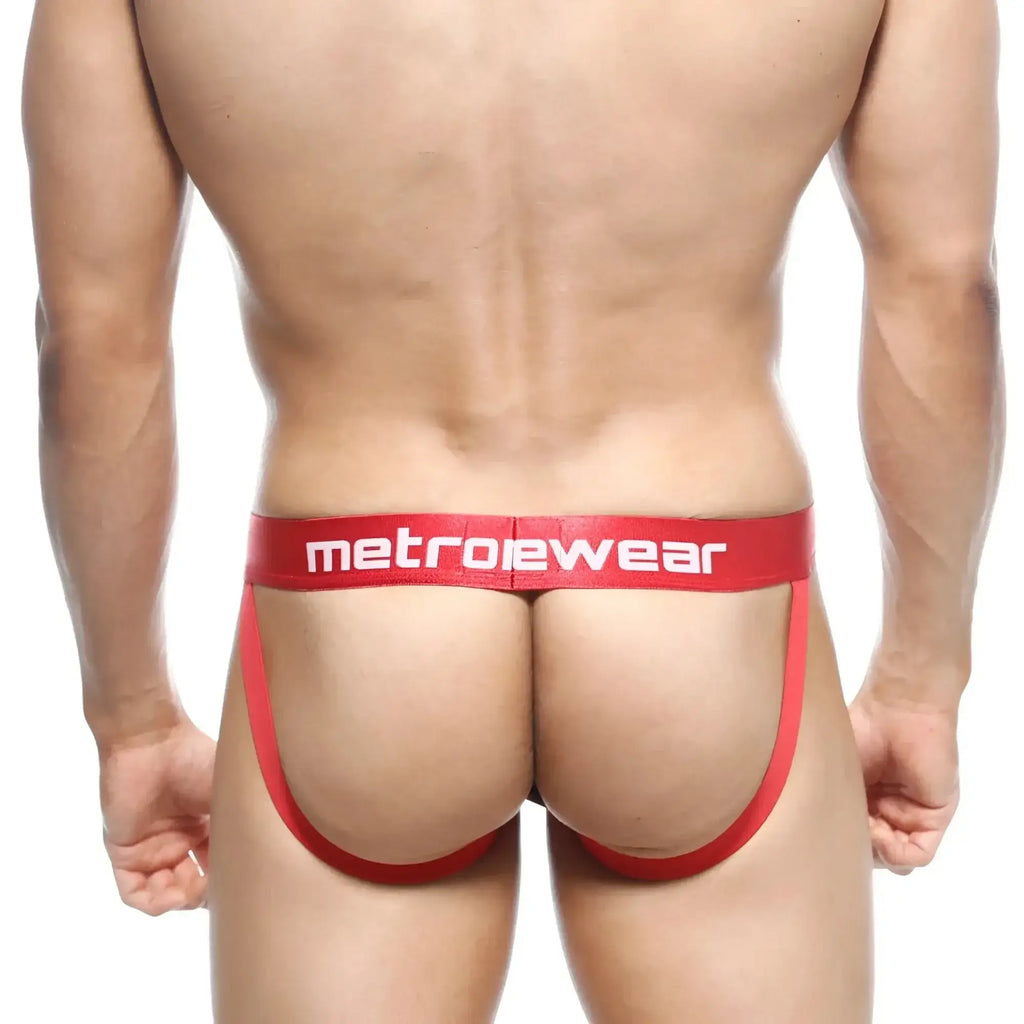 Red metrowear jock strap atrakivio 3001-76 with bold white logo waistband in front and comfortable design