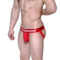 Red athletic briefs with a satin-like waistband featuring the etromalewear logo in white lettering.