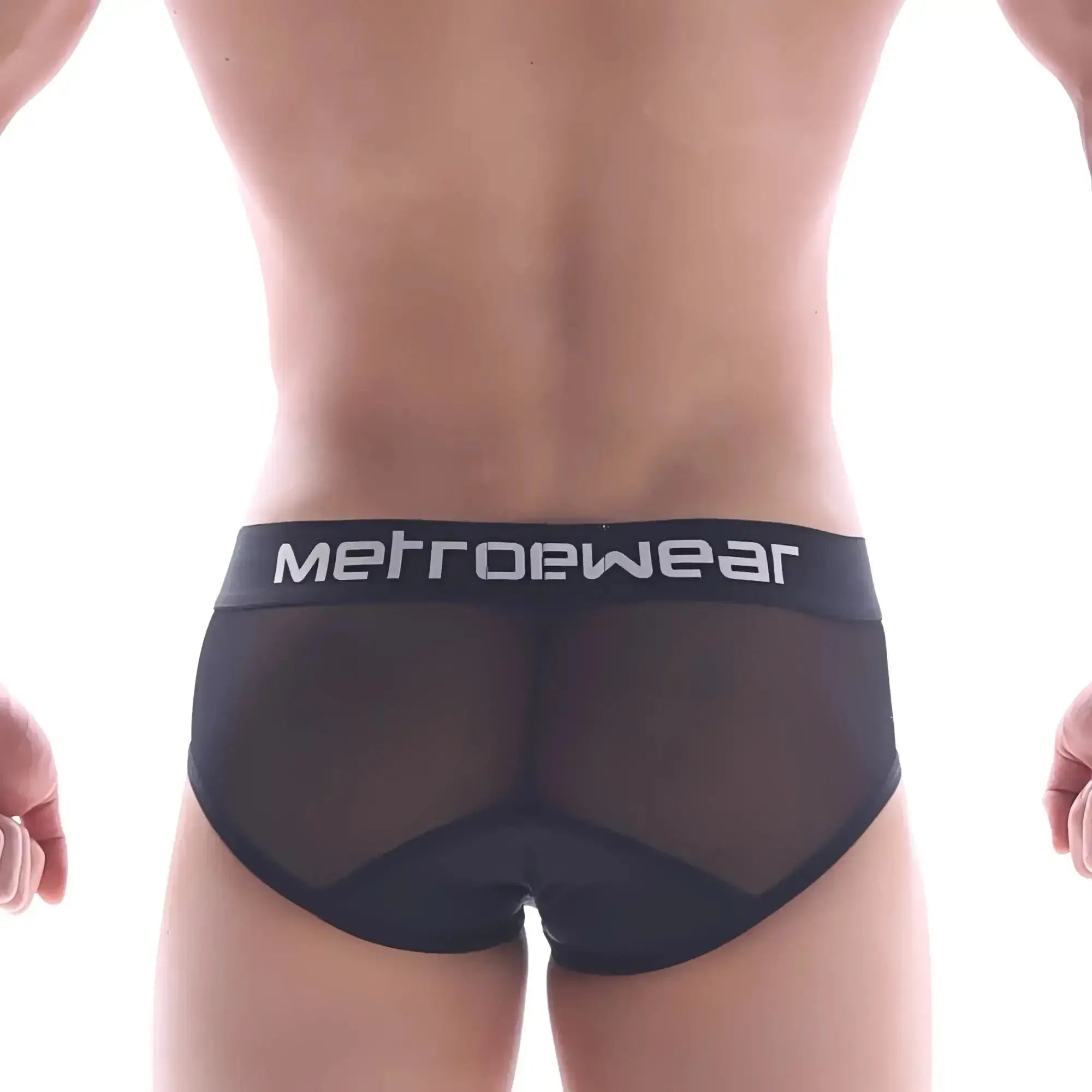 Black mesh briefs with a solid black waistband featuring metrowear logo in white from metro male wear joy mesh brief 9004-43