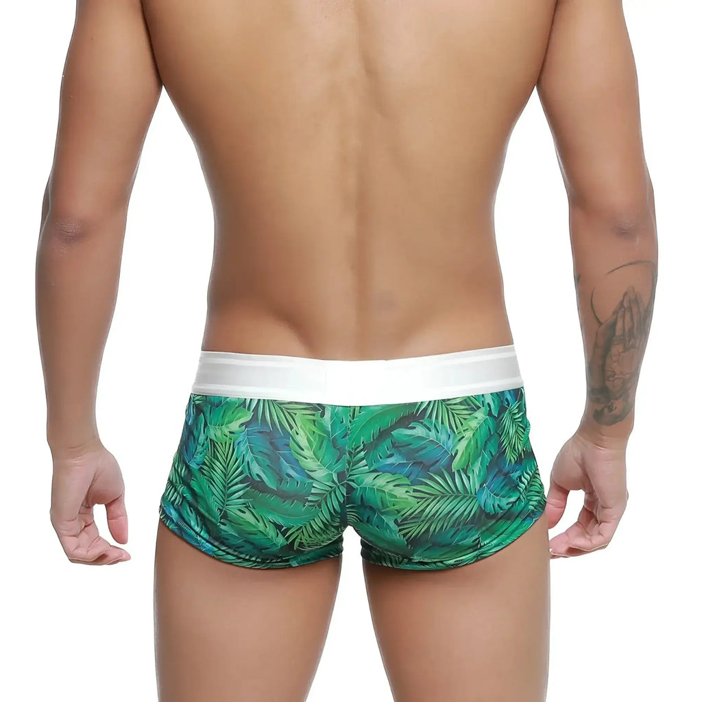 MetroMaleWear Jungle Trunk 2026-08 green tropical leaf-patterned swim trunks with white elastic waistband for men