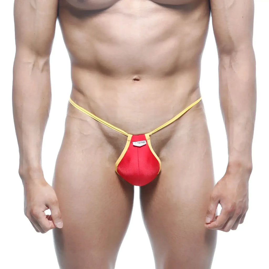 Red and yellow satin finish MetroMaleWear Jupiter thong showcasing smooth fabric and vibrant colors