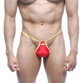 Red and yellow satin finish MetroMaleWear Jupiter thong showcasing smooth fabric and vibrant colors
