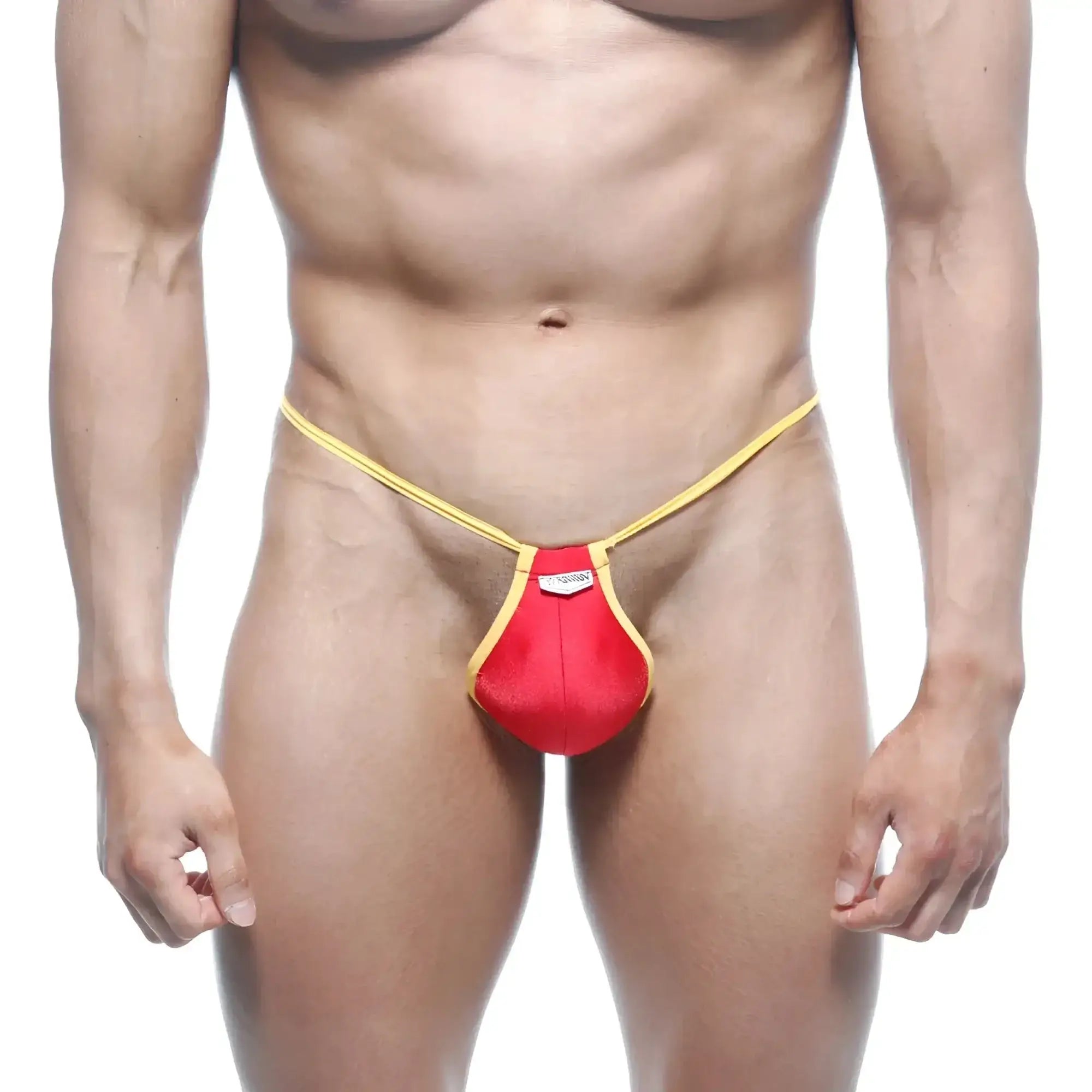 Red and yellow satin finish MetroMaleWear Jupiter thong showcasing smooth fabric and vibrant colors