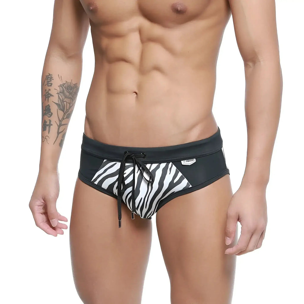 MetroMaleWear Kenya swim brief 4916-30 black and white zebra print swim trunks with drawstring waistband