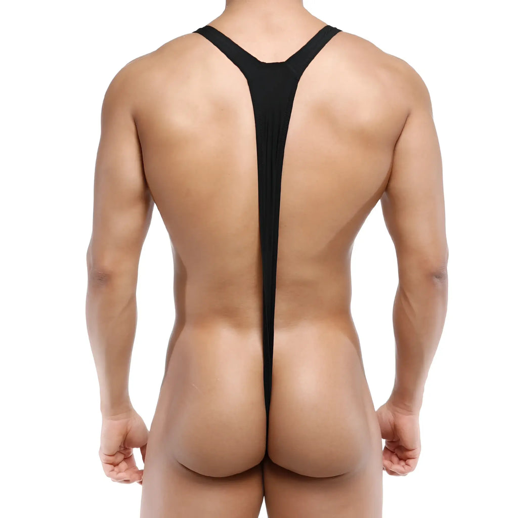 Black form-fitting MetroMaleWear Kini bodysuit with sleek stretchy y-back material shown from the back side