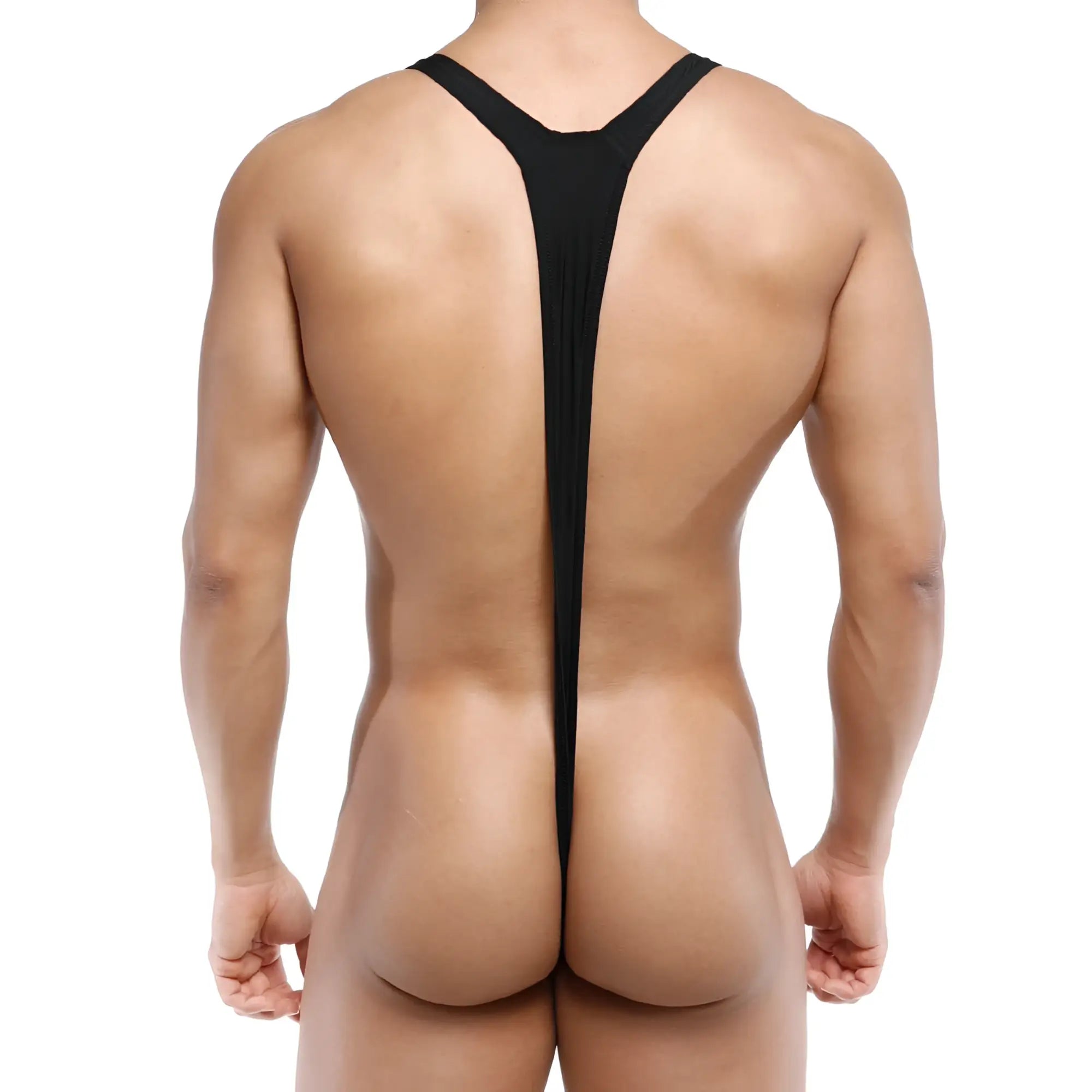 Black form-fitting MetroMaleWear Kini bodysuit with sleek stretchy y-back material shown from the back side
