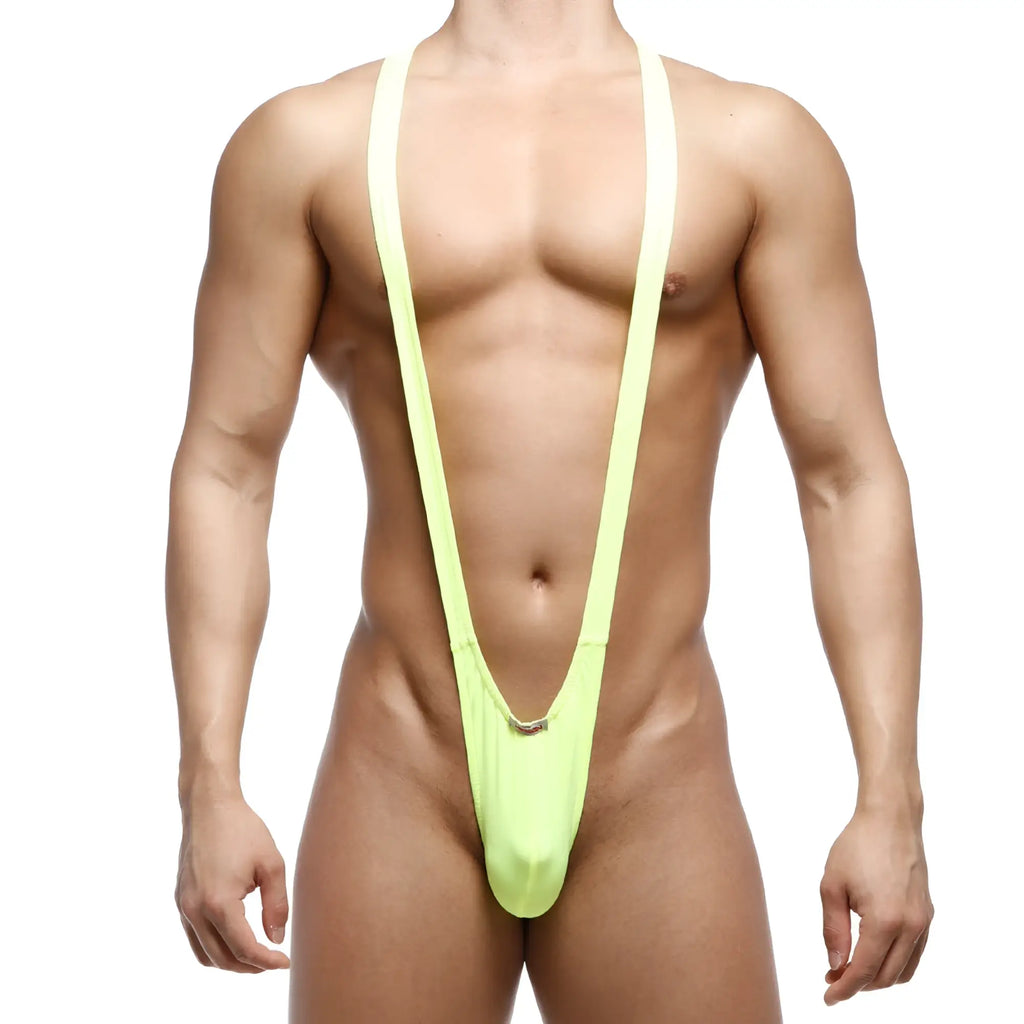 A vibrant lime green form-fitting one-piece swimsuit with thin shoulder straps and a low-cut front by MetroMaleWear