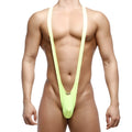 A vibrant lime green form-fitting one-piece swimsuit with thin shoulder straps and a low-cut front by MetroMaleWear