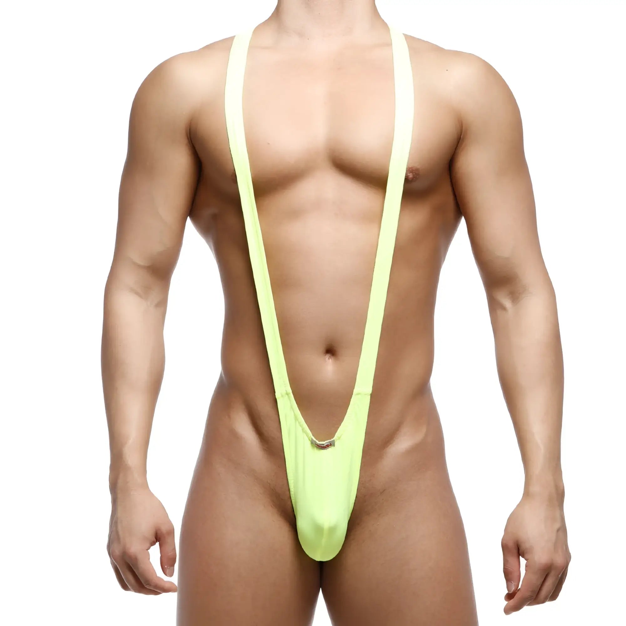 A vibrant lime green form-fitting one-piece swimsuit with thin shoulder straps and a low-cut front by MetroMaleWear