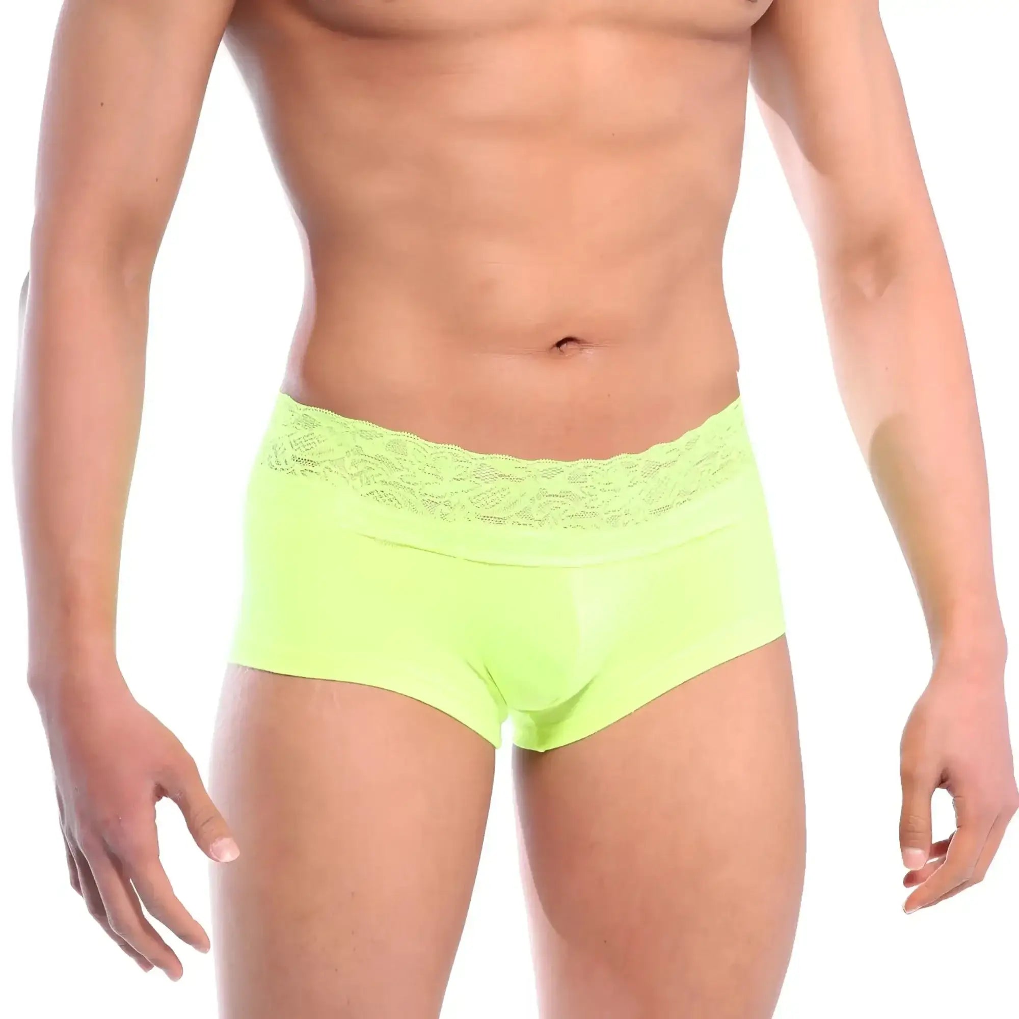 MetroMaleWear lace short boxer neon green briefs with delicate lace trim at the waistband front view