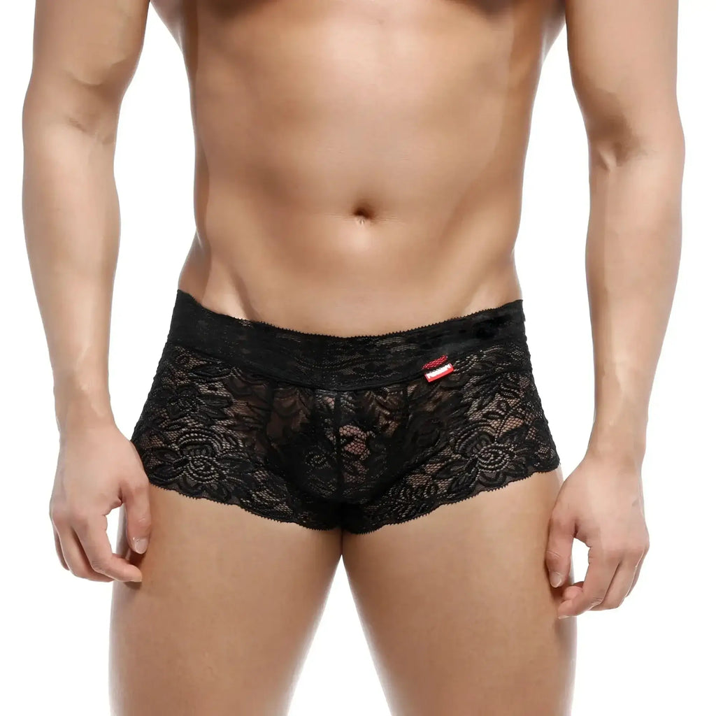 MetroMaleWear lace trunk black 2613-20 men’s underwear featuring intricate floral patterns and a fitted design