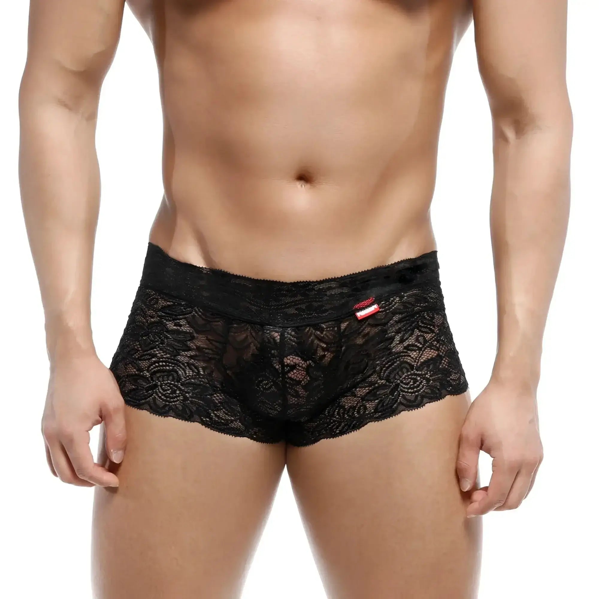 MetroMaleWear lace trunk black 2613-20 men’s underwear featuring intricate floral patterns and a fitted design