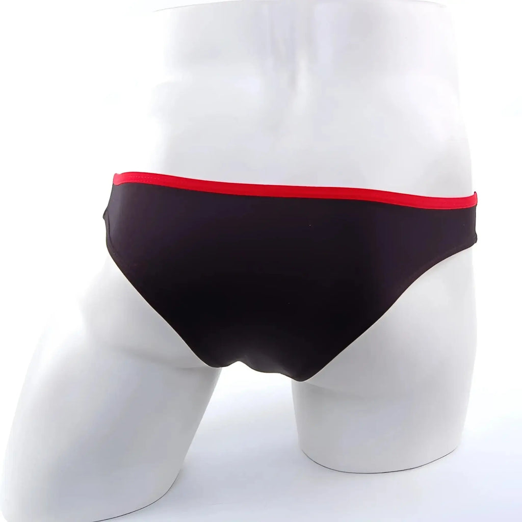 Black swim trunks with a bold red waistband from MetroMaleWear Lasso Bikini Contrast Black 2009-21 collection