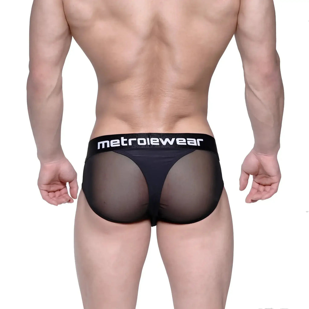 Black mesh metro male wear layered hip briefs with solid black waistband and white metroiewear logo in front