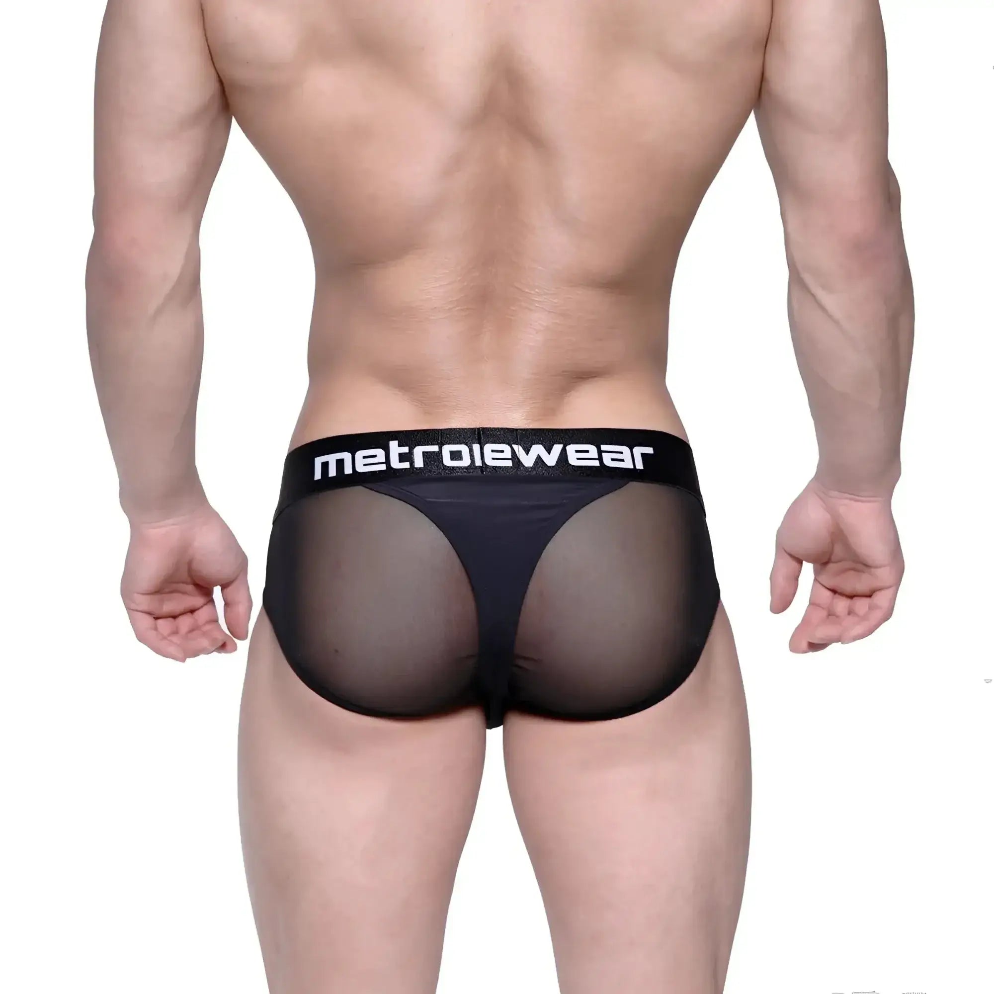 Black mesh metro male wear layered hip briefs with solid black waistband and white metroiewear logo in front