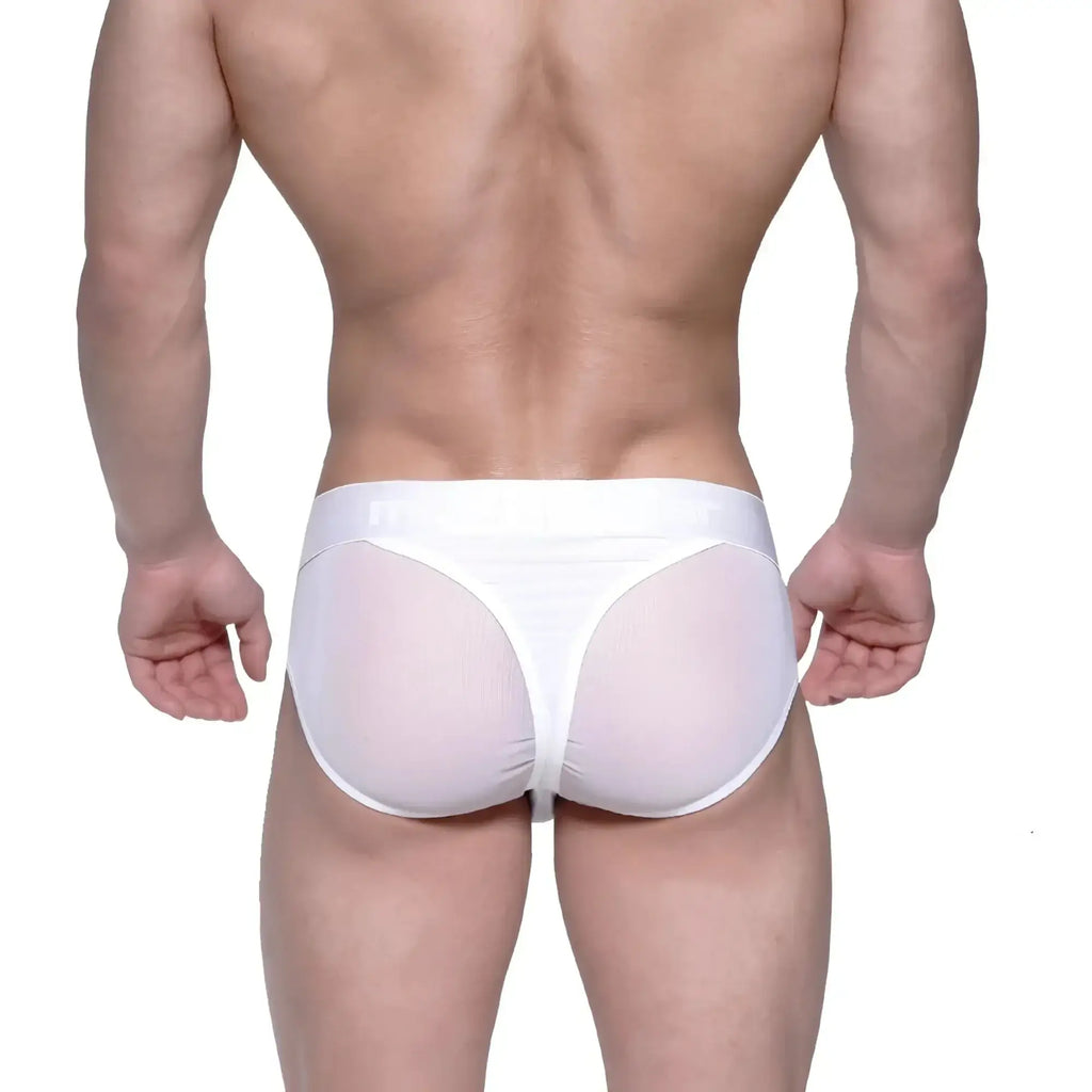 White mesh briefs with a solid white waistband from metroMalewear layered hip brief 5103-32
