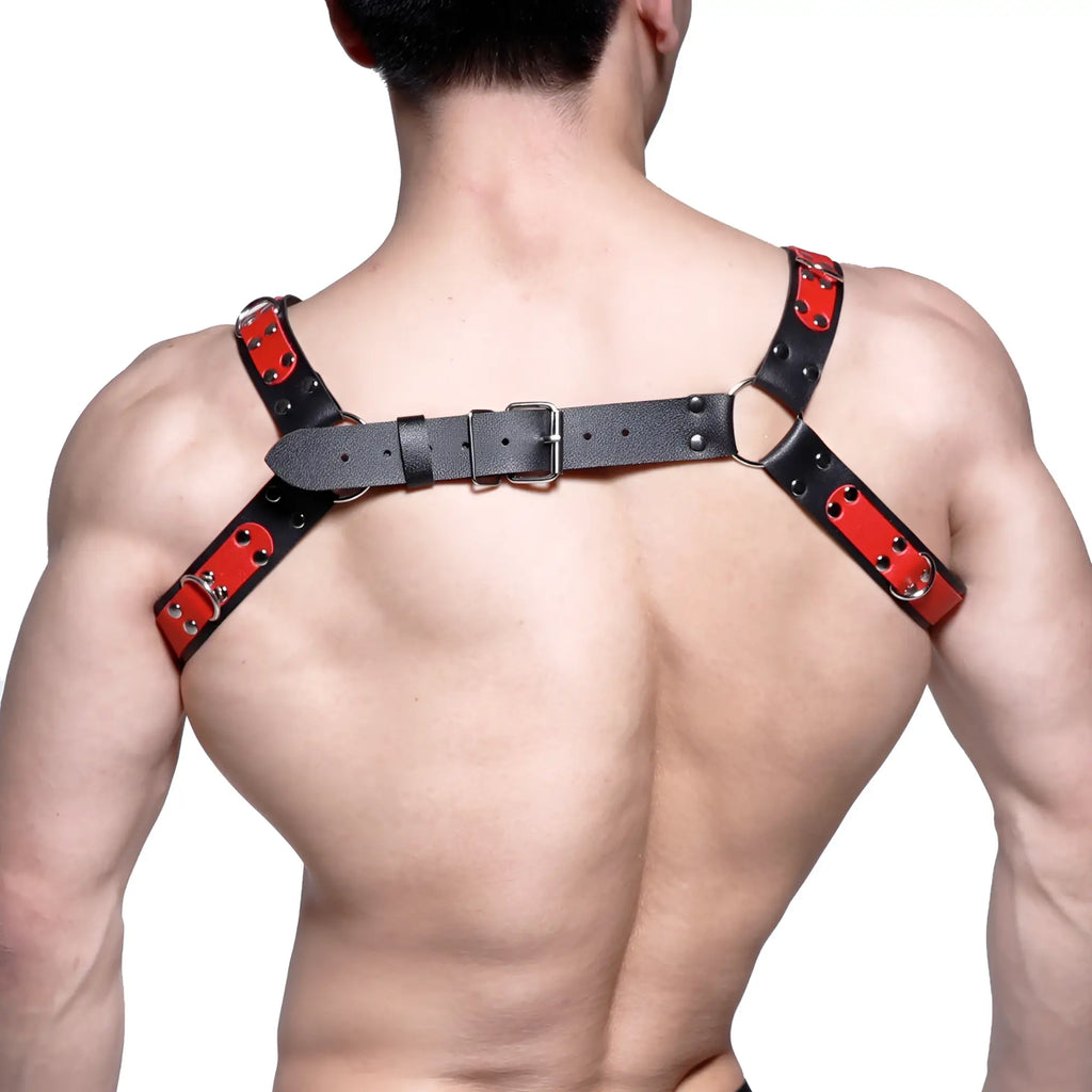 Black and red leather harness with silver toned metal hardware from metromalewear red mh2 collection
