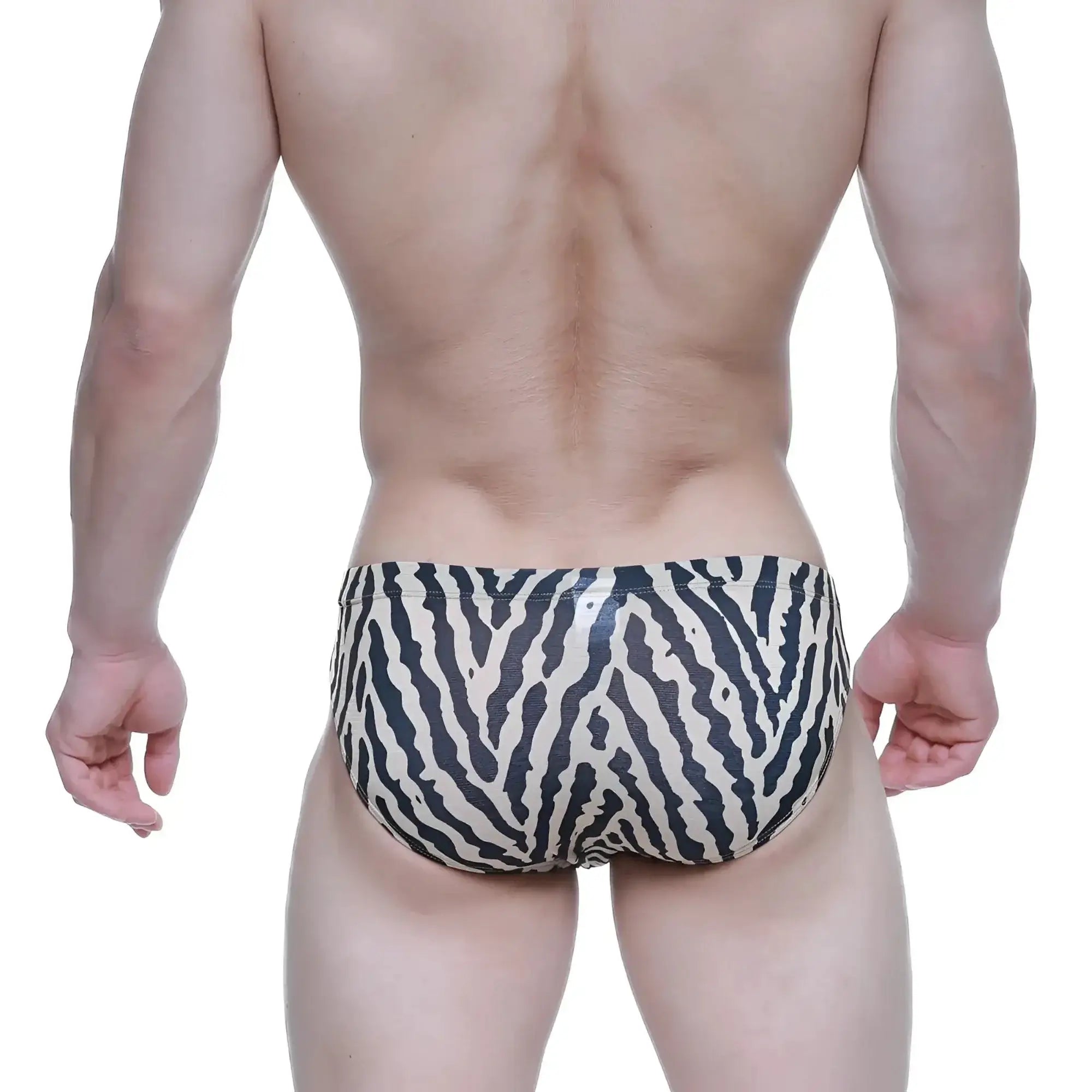 MetroMalewear black and white zebra-striped swim trunks designed for stylish beachwear and swimming activities