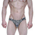 Black and cream zebra-striped men’s briefs with a small logo on the waistband from Metromalewear