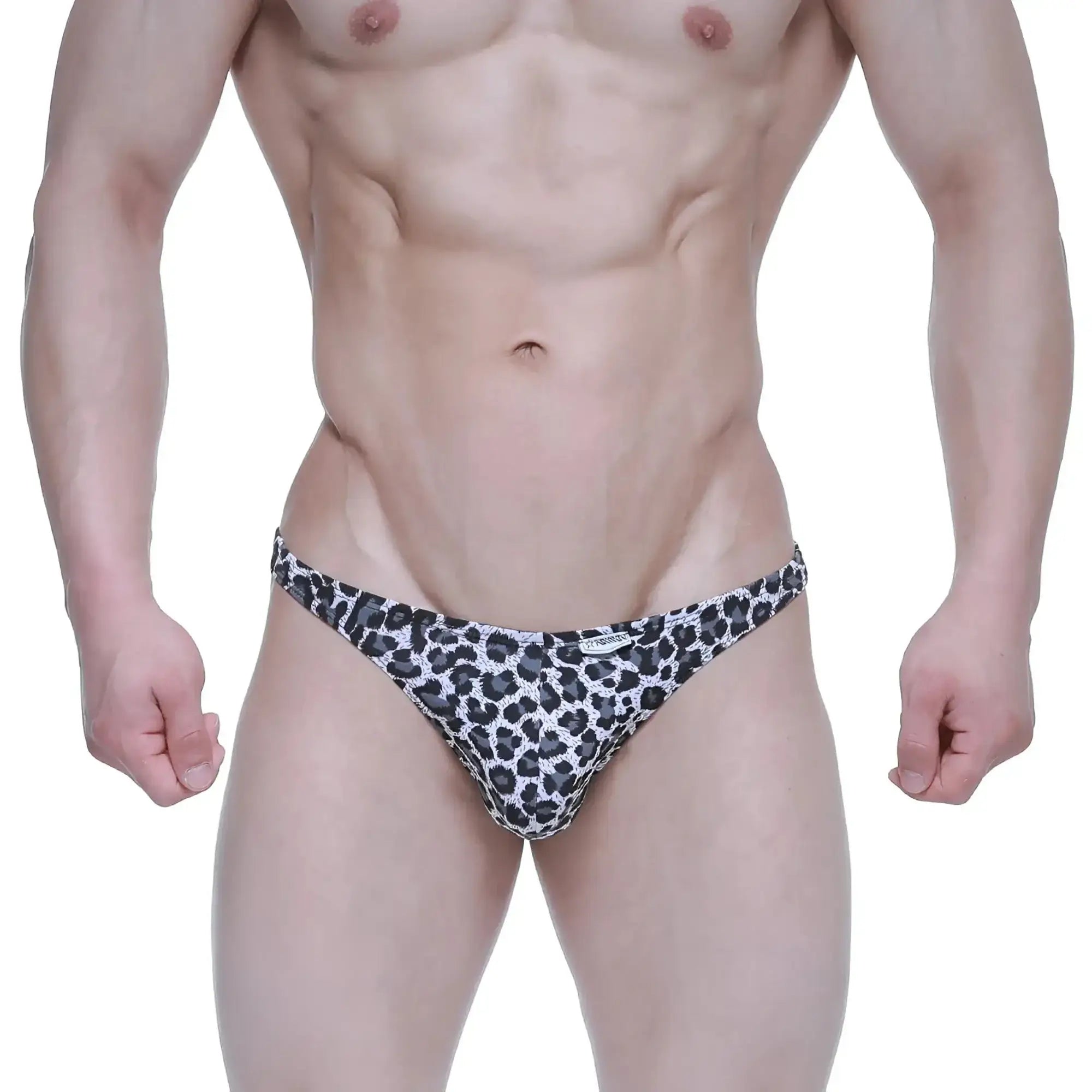 Black and white leopard-print men’s briefs metroMaleWear leopard hip bikini black 6003-62 front view