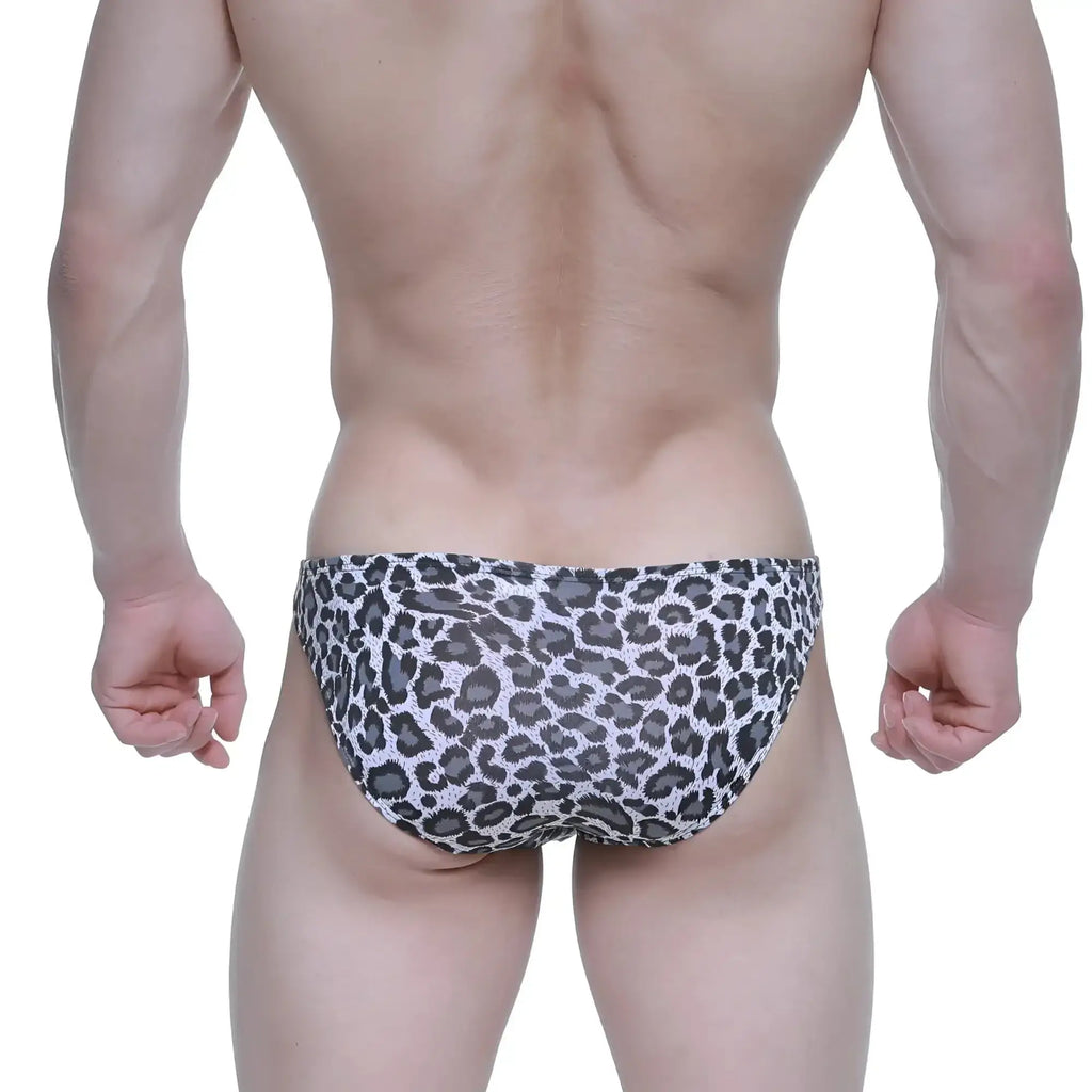 Black and white leopard-print swim trunks metroMalewear leopard hip bikini suitable for beach and pool use